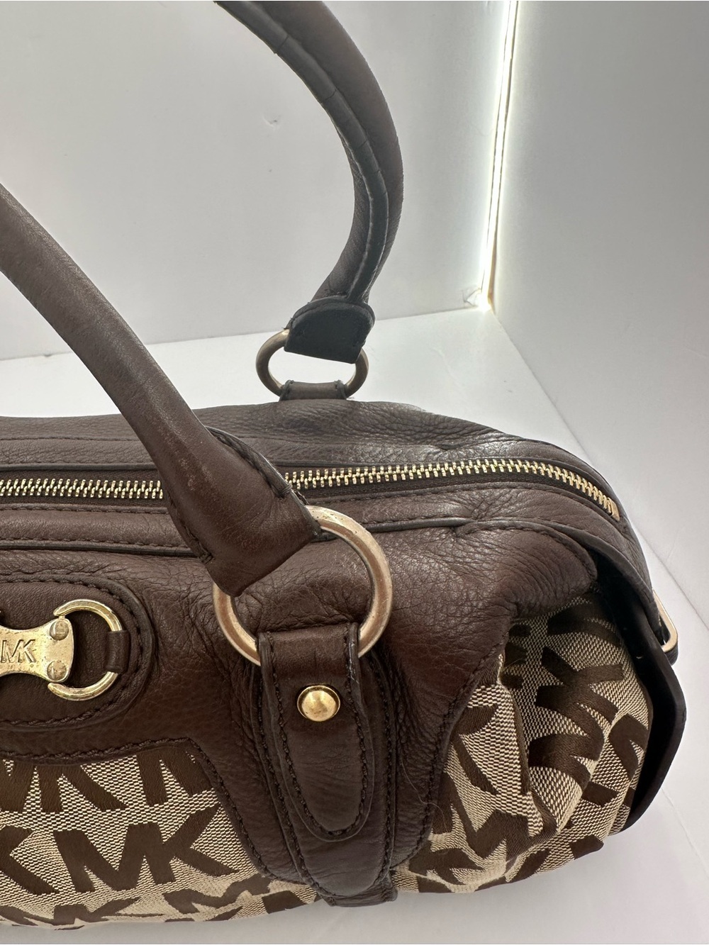 Vintage Michael Kors Brown MK Monogram Leather Satchel Bag Y2K Shoulder Purse - Picture 4 of 11